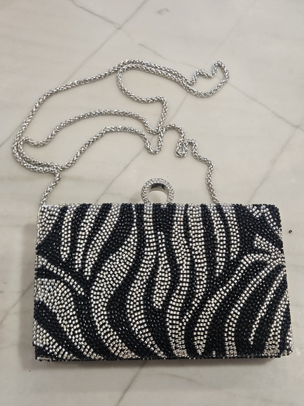 Zebra Pattern Rhinestone & Beaded Evening Clutch